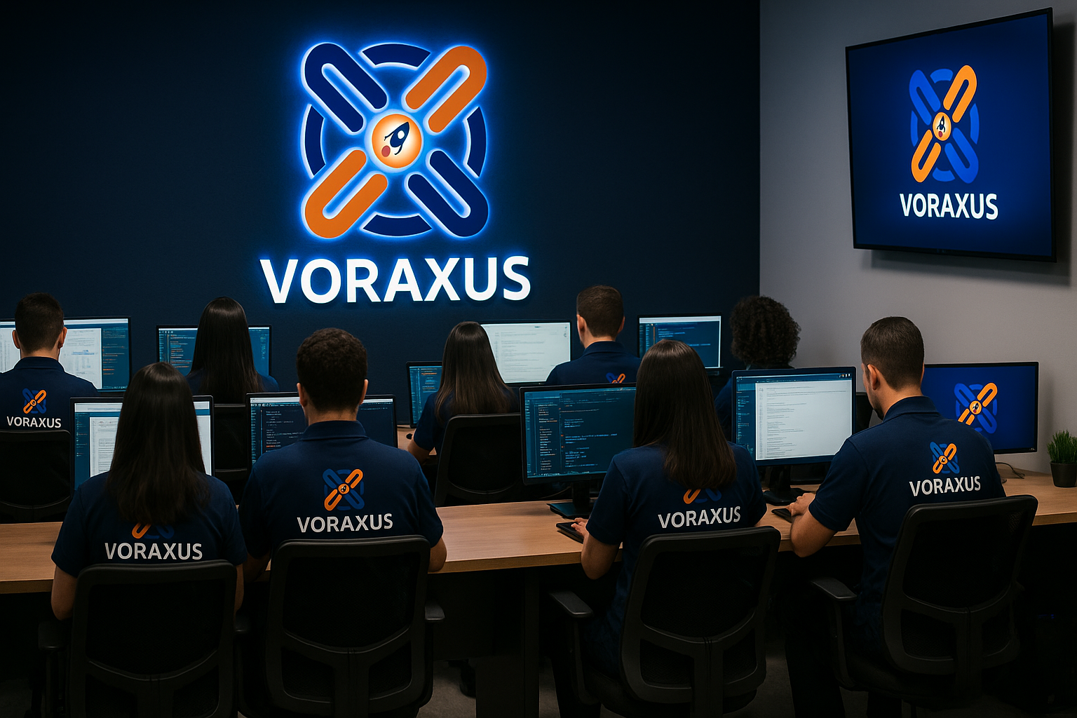 Equipe Voraxus com monitores e painel digital com a logo ao fundo